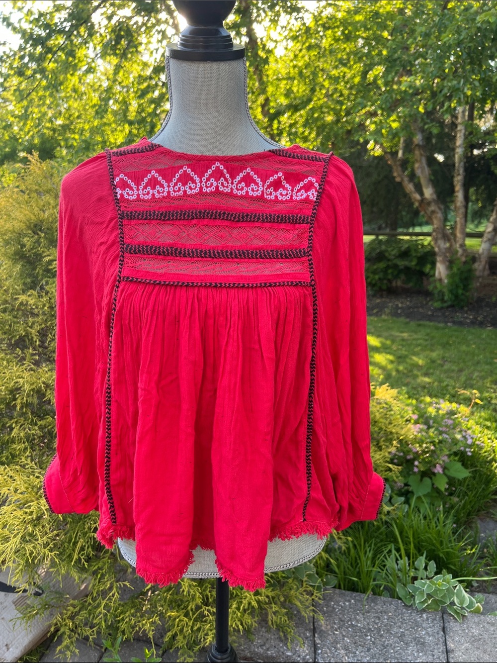 Free People Red Embroidered Boho Peasant Top